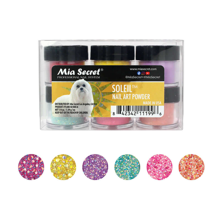 colored soleil polymer for nails in colors with decoration