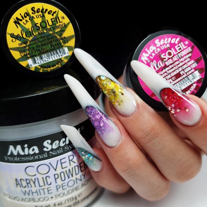 colored soleil polymer for nails in colors with decoration