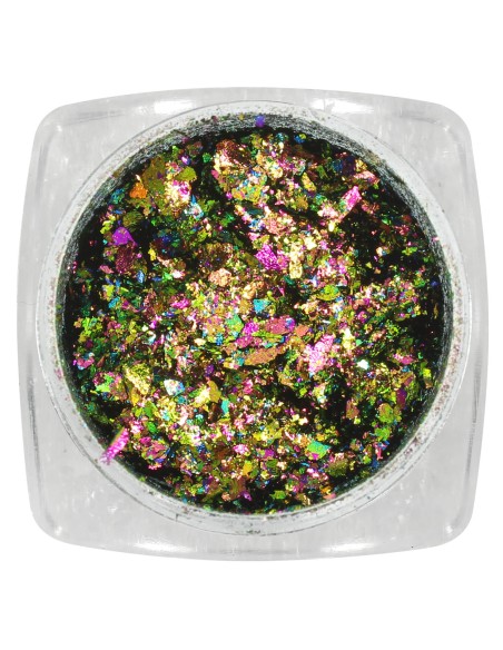 Flakes dourados reflexo azul e vermelho